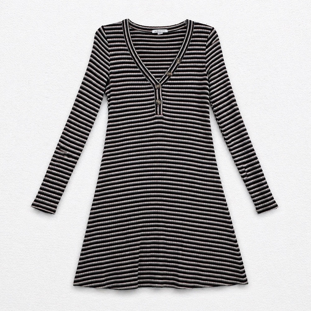 American Eagle Striped Ribbed Henley Long‎ Sleeve Mini Dress Black Rust Medium